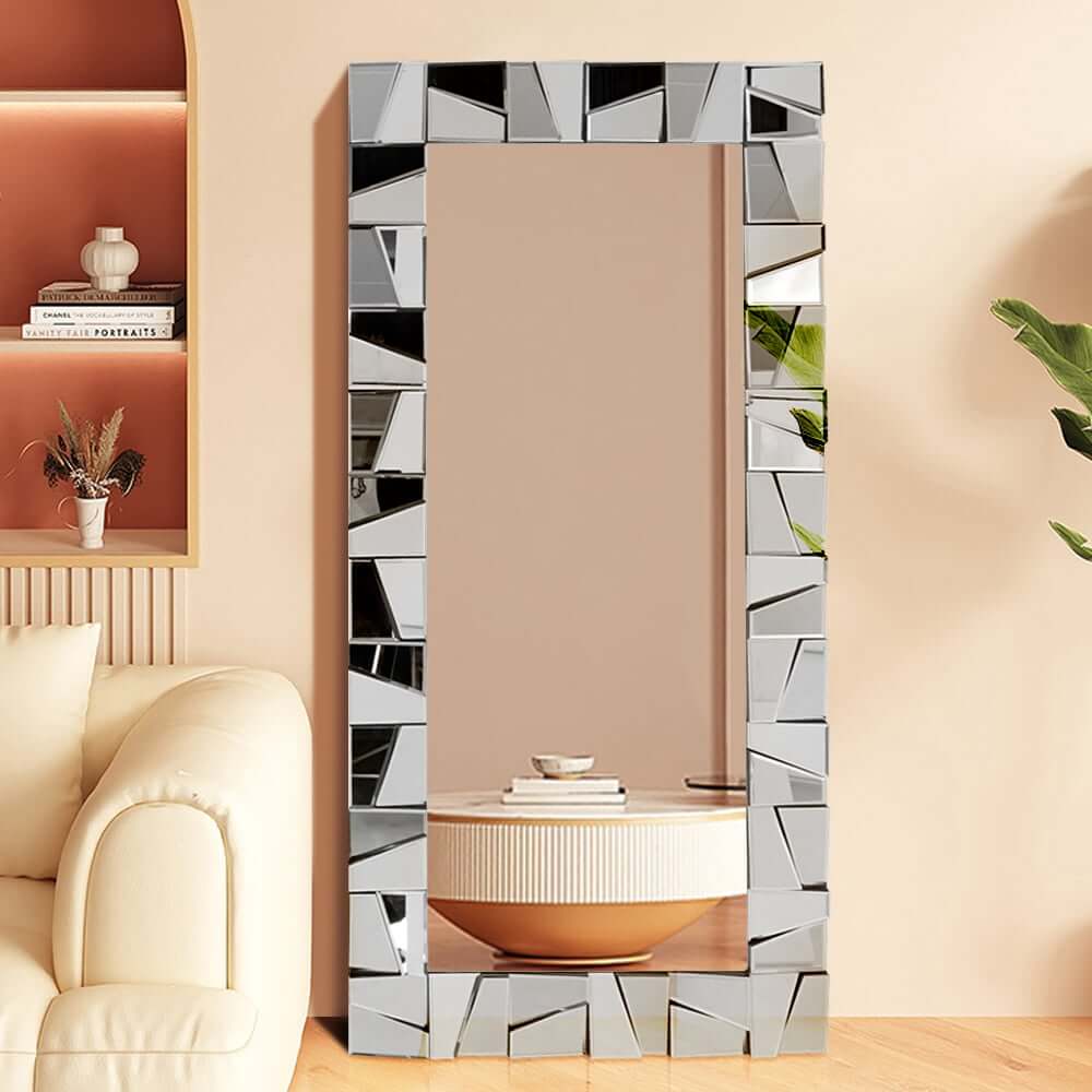 Glam Rectangle Floor Mirror with Glass Frame and Gold Finish