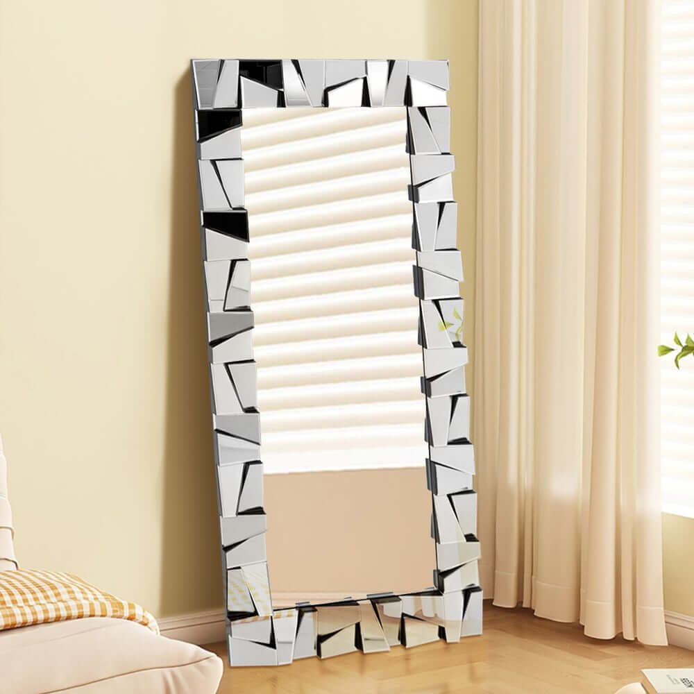 Glam Rectangle Floor Mirror with Glass Frame and Gold Finish