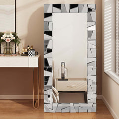 Glam Rectangle Floor Mirror with Glass Frame and Gold Finish