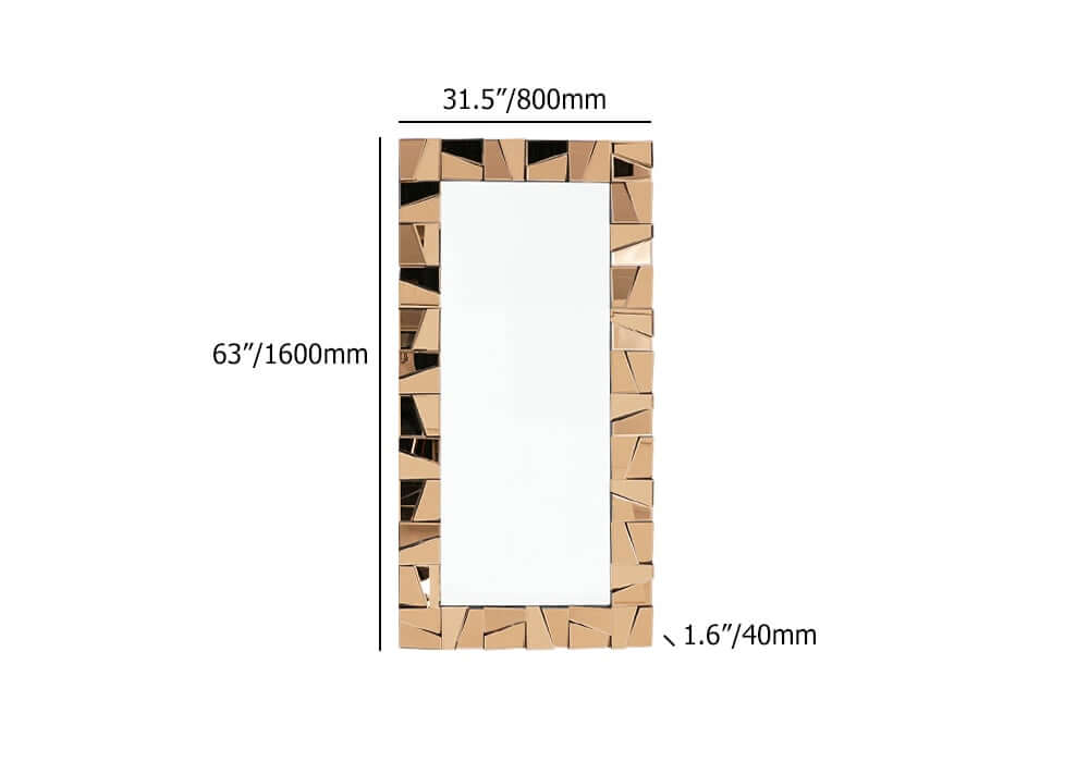 Glam Rectangle Floor Mirror with Glass Frame and Gold Finish Dimensions