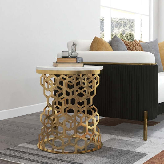 Glam Round End Table With Faux Marble Top