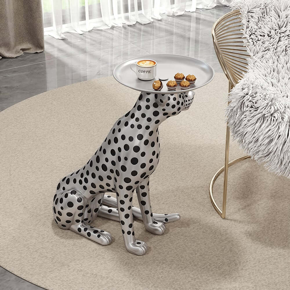 Glam Silver Panther Side Table With Metal Tray Top