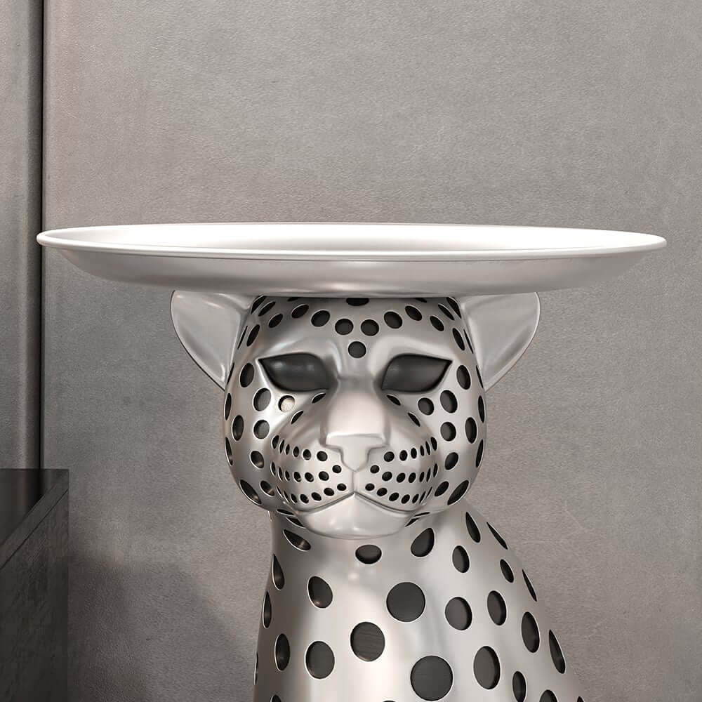 Glam Silver Panther Side Table With Metal Tray Top