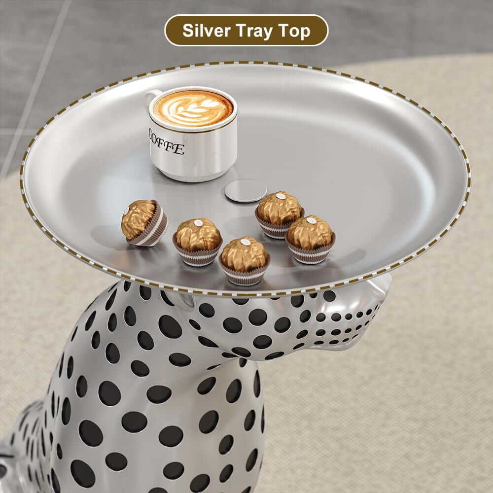 Glam Silver Panther Side Table With Metal Tray Top
