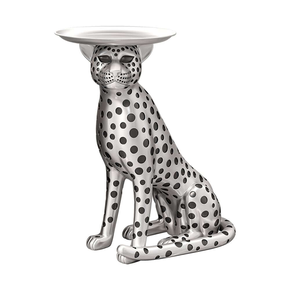 Glam Silver Panther Side Table With Metal Tray Top