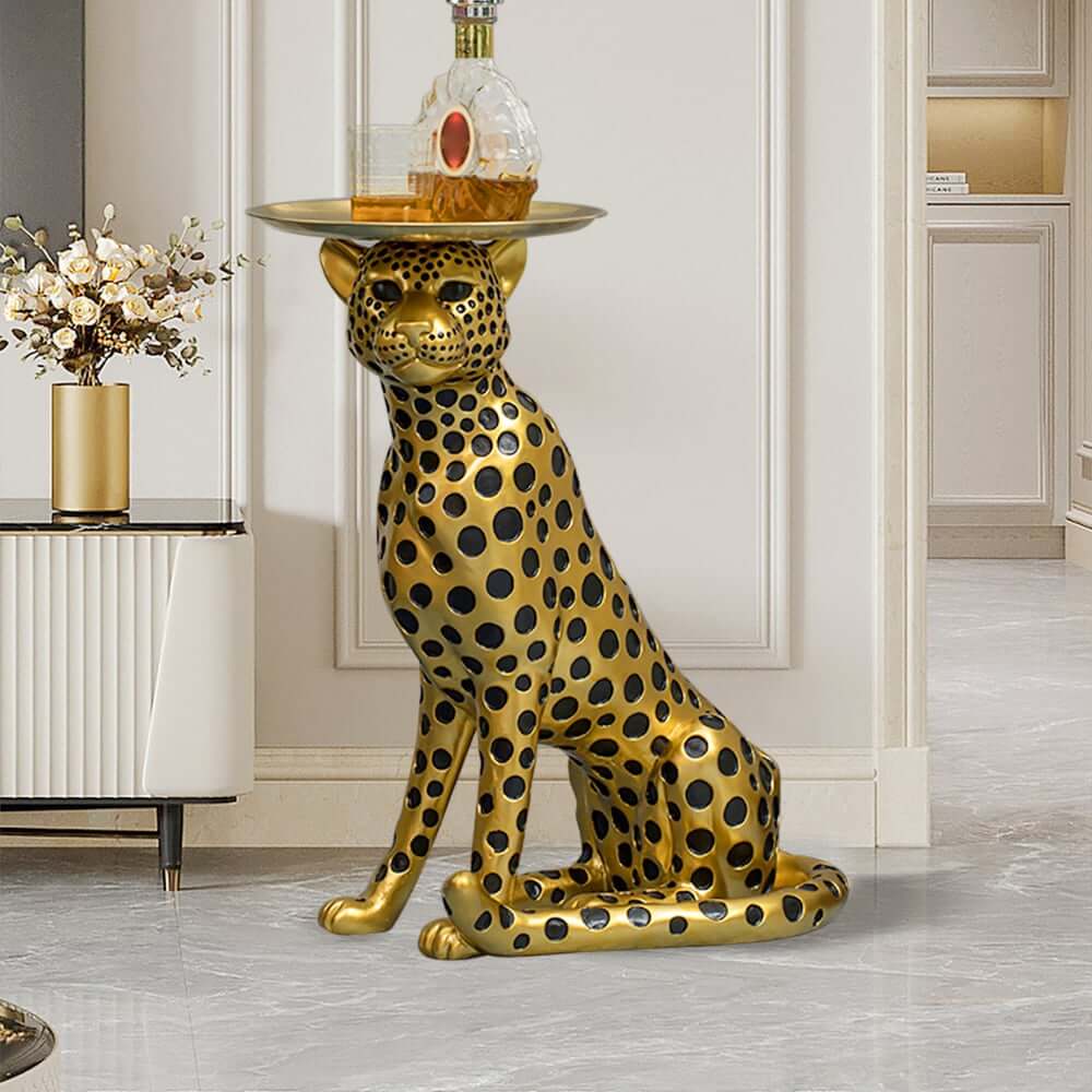 Glam Silver Panther Side Table With Metal Tray Top