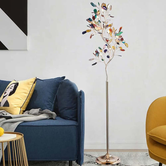 Gold Art Deco 9-Light Floor Lamp with Multicolor Shade