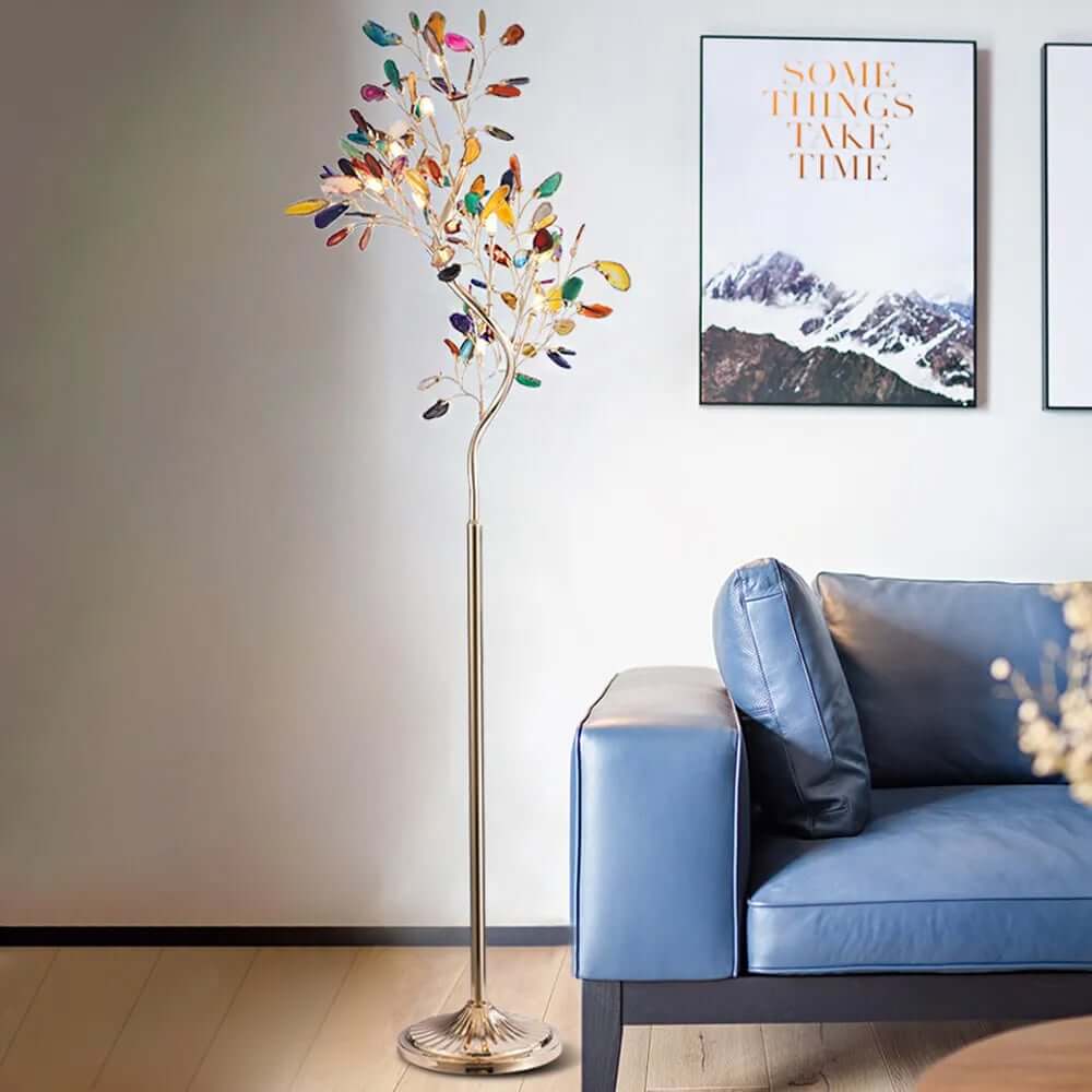 Gold Art Deco 9-Light Floor Lamp with Multicolor Shade