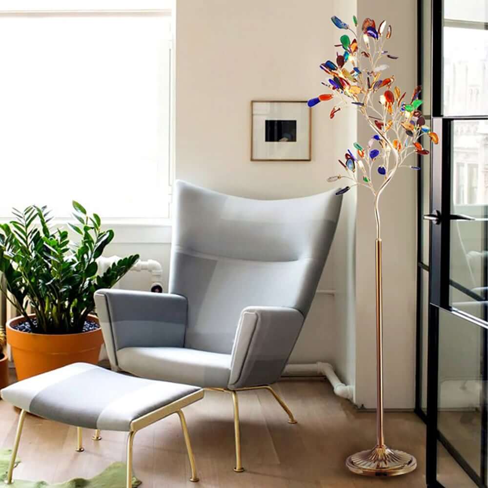 Gold Art Deco 9-Light Floor Lamp with Multicolor Shade