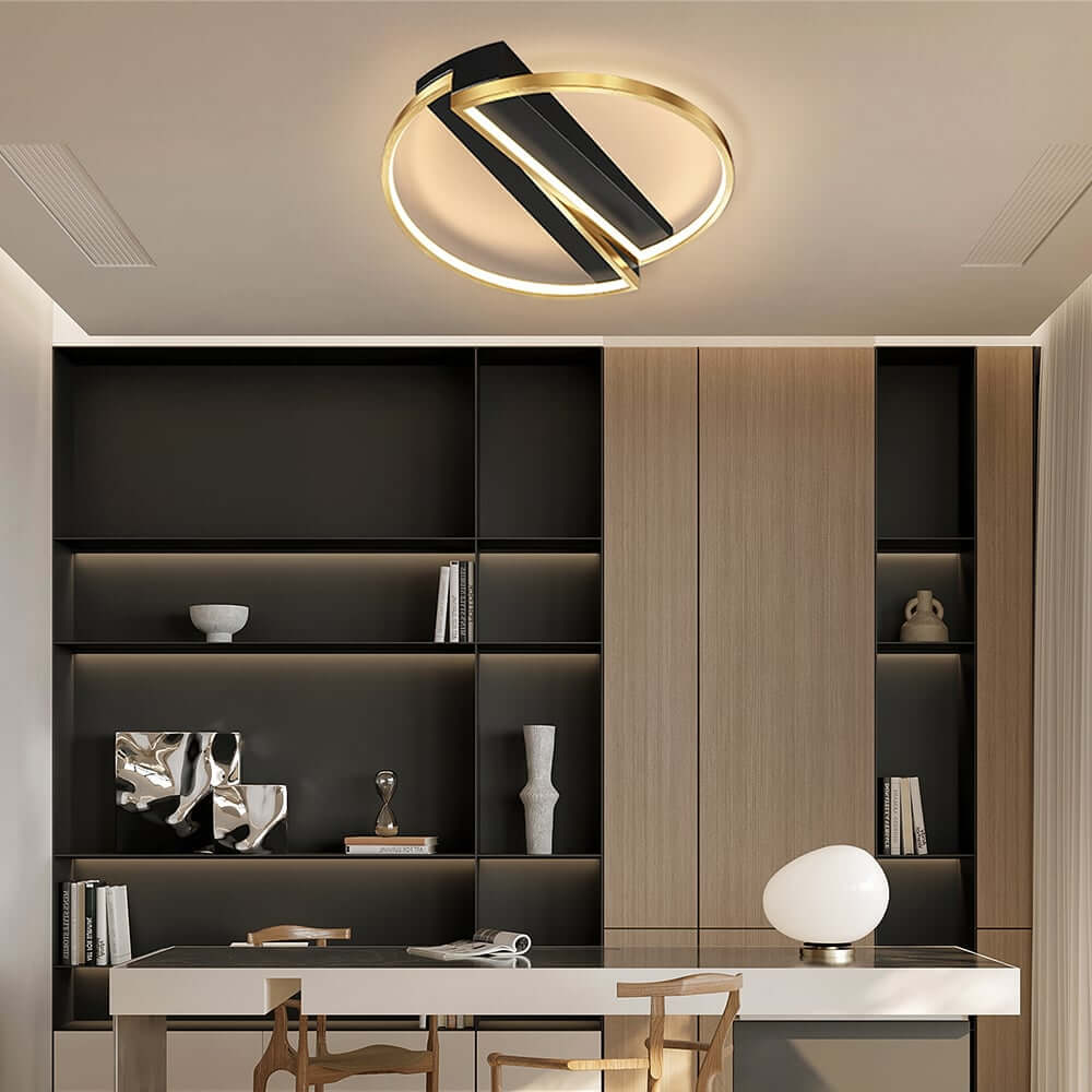 Gold & Black Modern LED Flush Mount Ceiling Light with White Shade