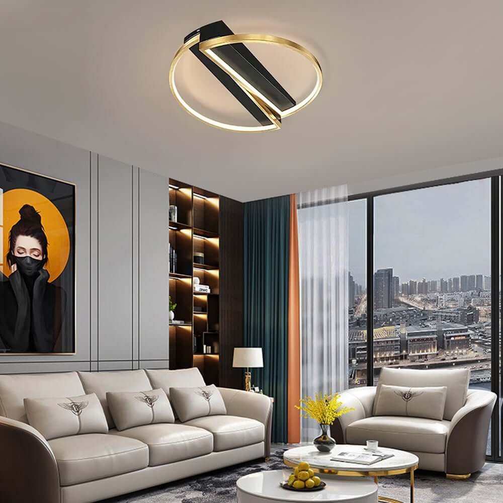 Gold & Black Modern LED Flush Mount Ceiling Light with White Shade