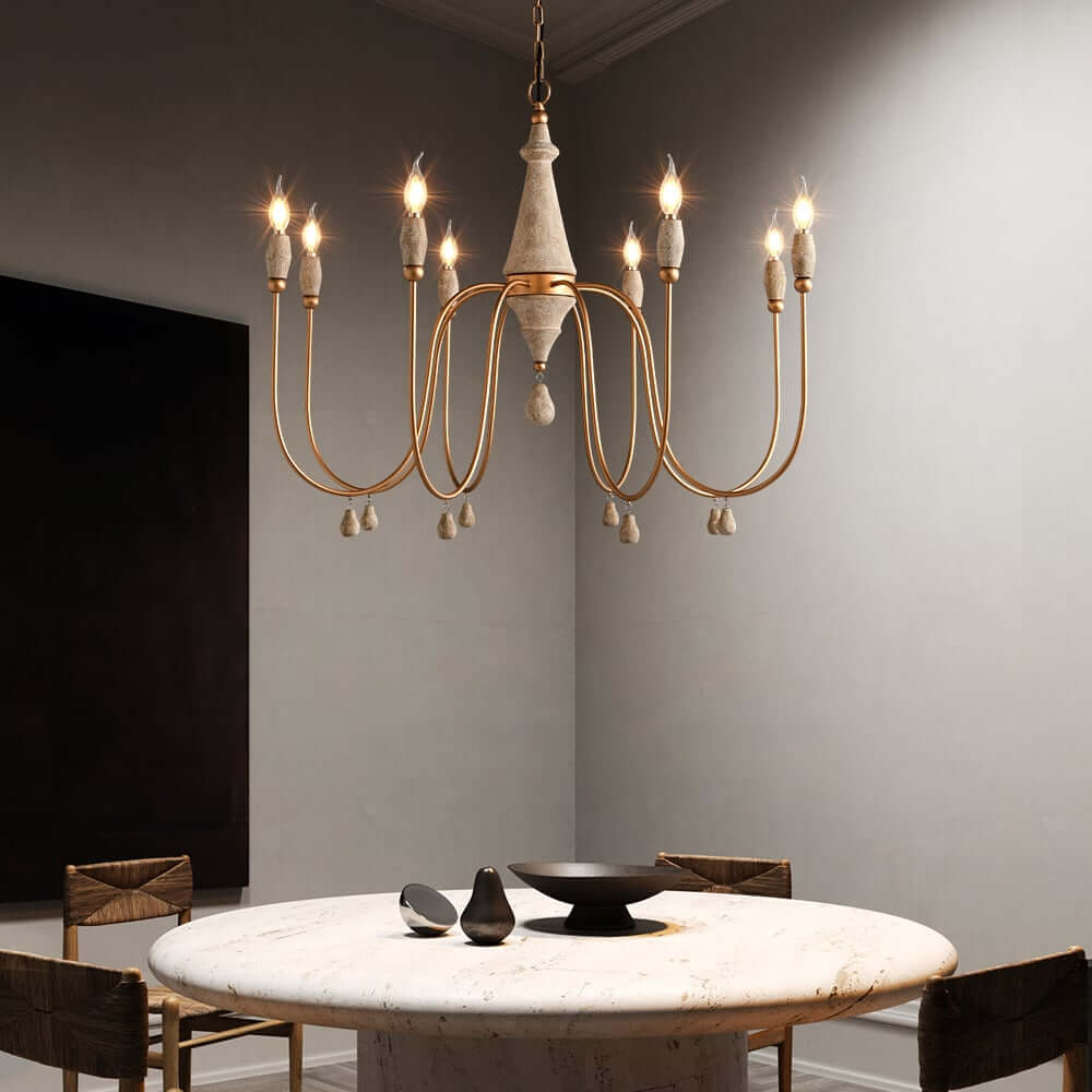 Gold Candle-Style Chandelier - 8-Light Iron Fixture for Farmhouse Decor