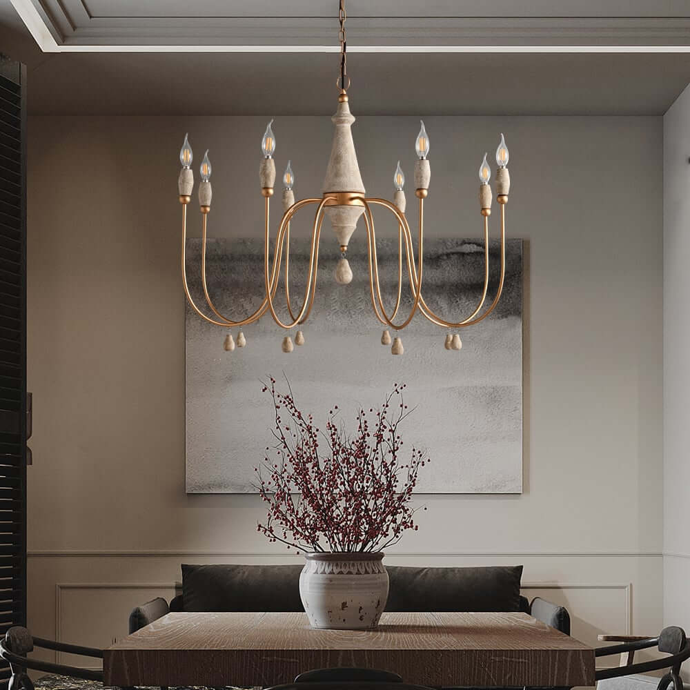 Gold Candle-Style Chandelier - 8-Light Iron Fixture for Farmhouse Decor