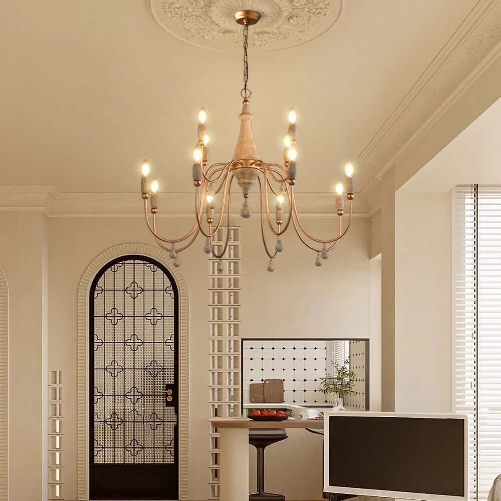 Gold Candle-Style Chandelier - 8-Light Iron Fixture for Farmhouse Decor