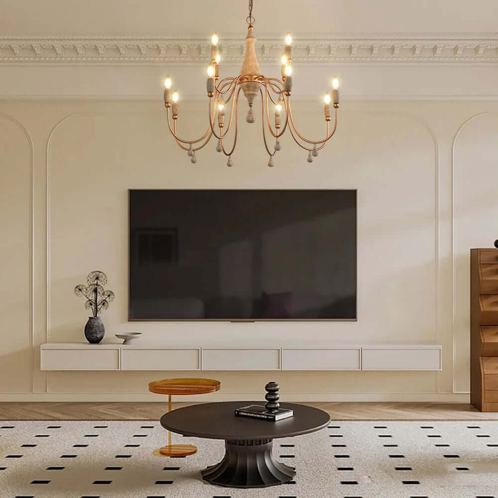 Gold Candle-Style Chandelier - 8-Light Iron Fixture for Farmhouse Decor