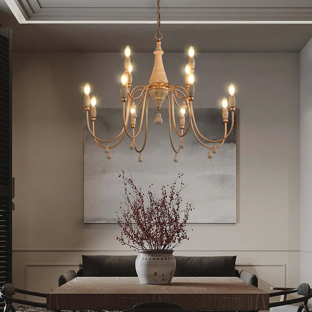 Gold Candle-Style Chandelier - 8-Light Iron Fixture for Farmhouse Decor