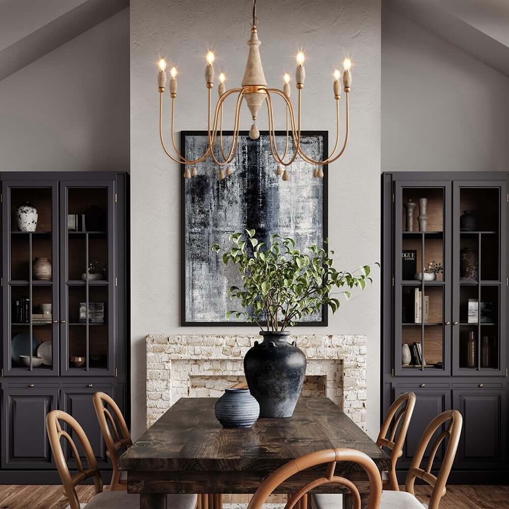 Gold Candle-Style Chandelier - 8-Light Iron Fixture for Farmhouse Decor