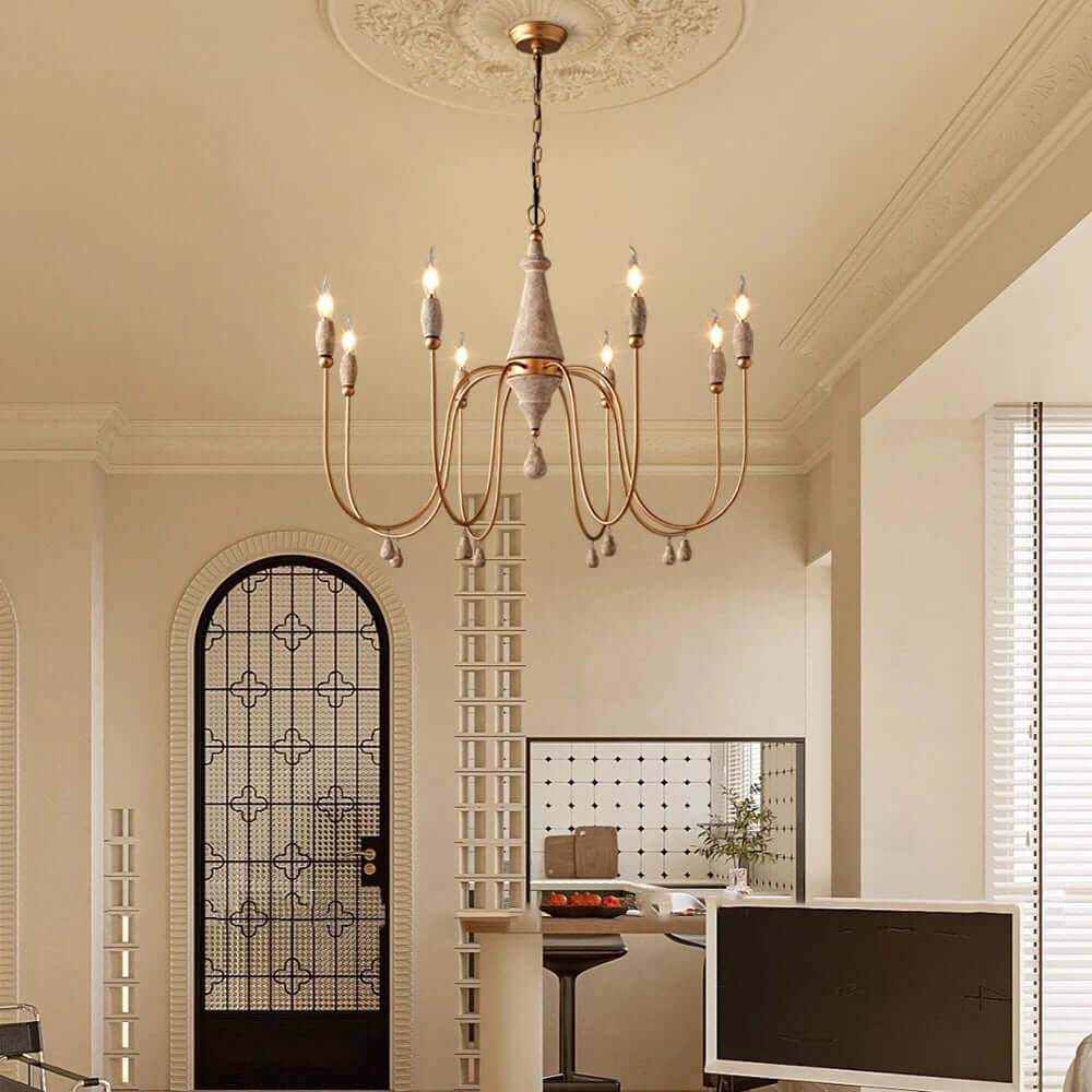Gold Candle-Style Chandelier - 8-Light Iron Fixture for Farmhouse Decor