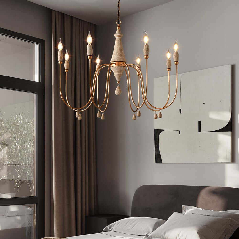 Gold Candle-Style Chandelier - 8-Light Iron Fixture for Farmhouse Decor