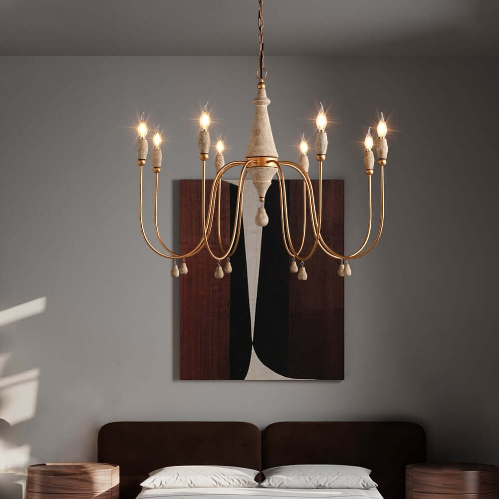 Gold Candle-Style Chandelier - 8-Light Iron Fixture for Farmhouse Decor