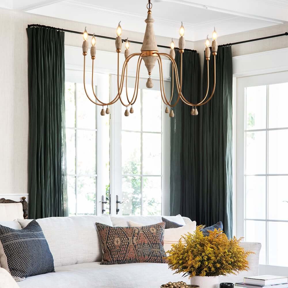 Gold Candle-Style Chandelier - 8-Light Iron Fixture for Farmhouse Decor