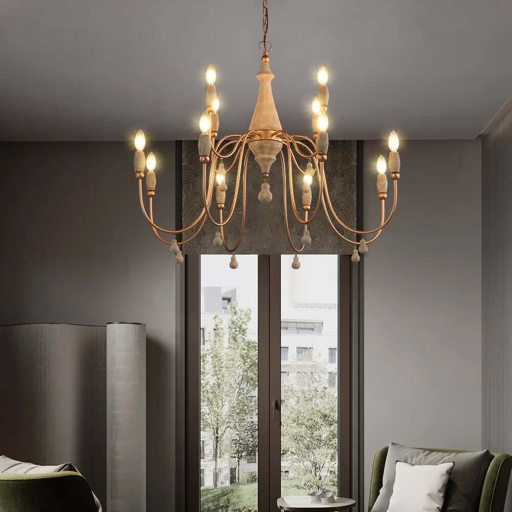 Gold Candle-Style Chandelier - 8-Light Iron Fixture for Farmhouse Decor