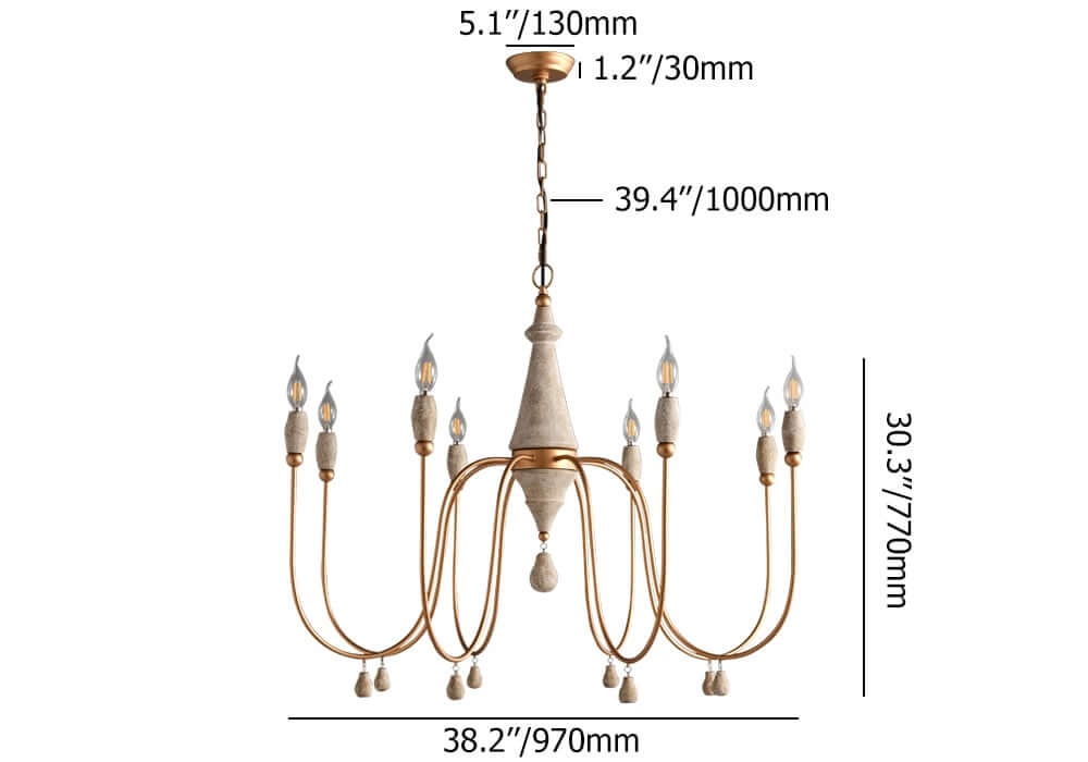 Gold Candle-Style Chandelier - 8-Light Iron Fixture for Farmhouse Decor Dimensions