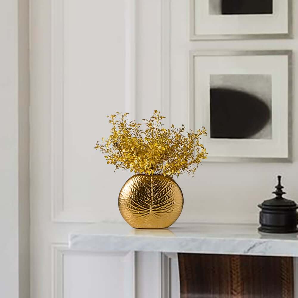 Gold Ceramic Faux Plant Set with Bronze Vase for Home Decor