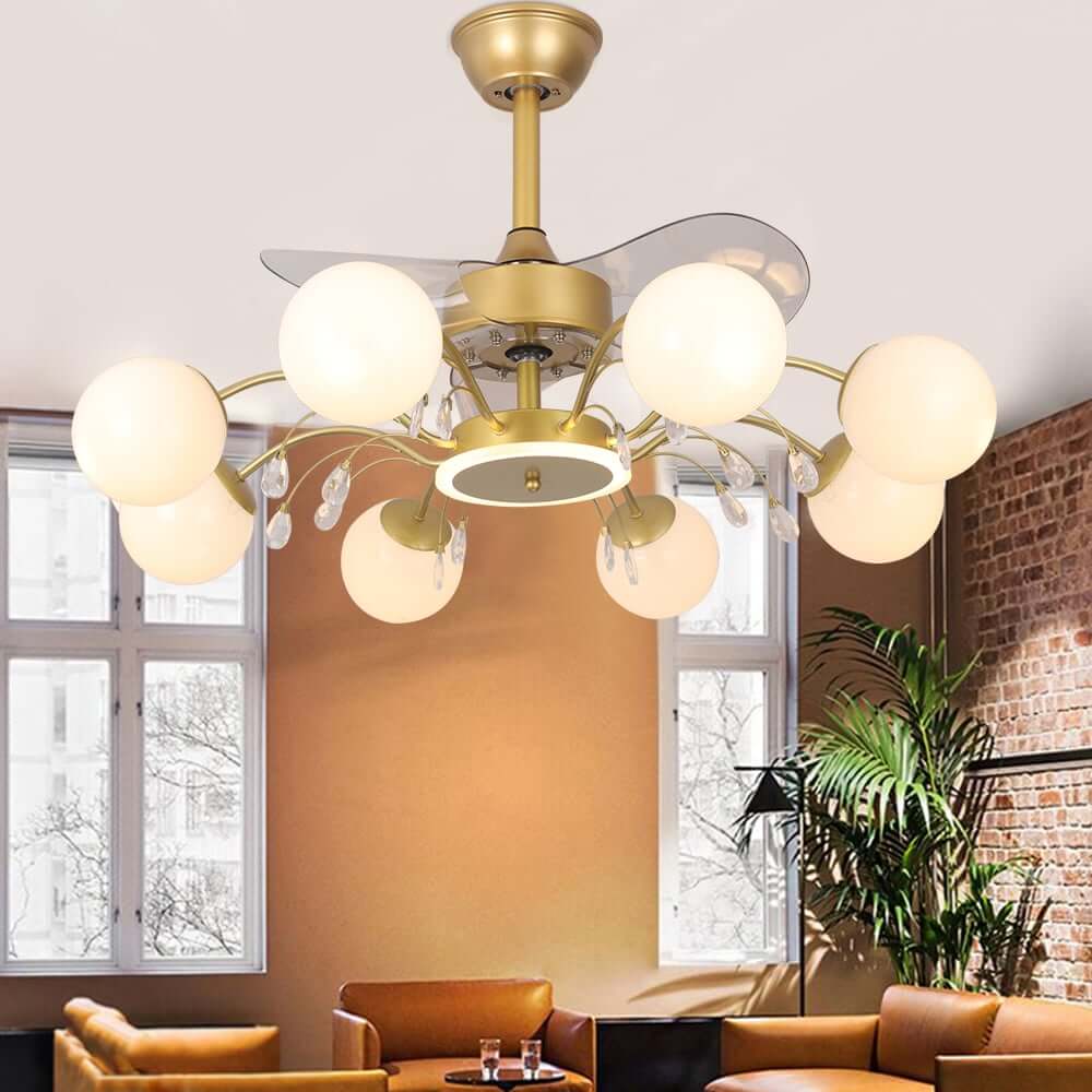 Gold Iron Chandelier Ceiling Fan with Remote Control and LED Lighting