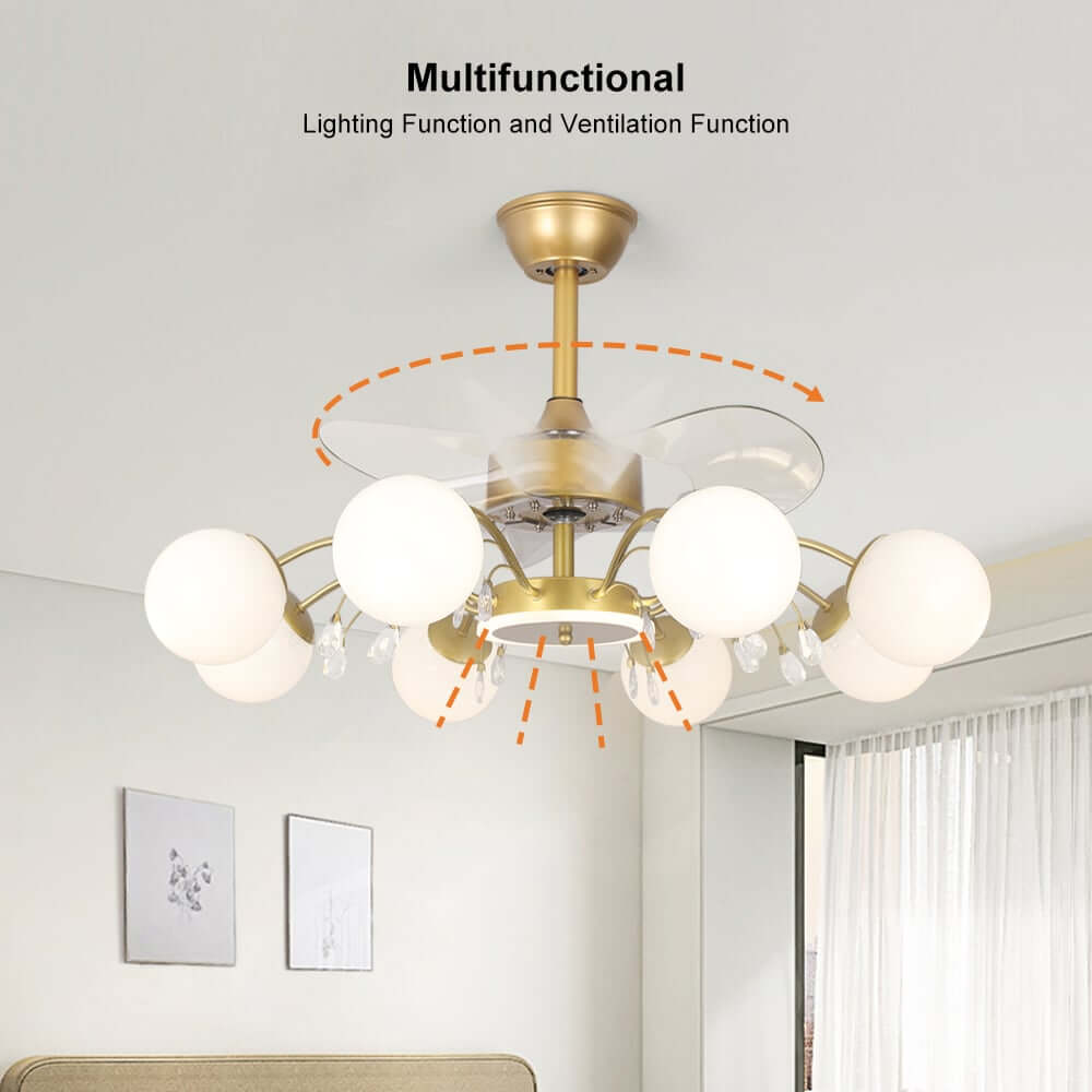 Gold Iron Chandelier Ceiling Fan with Remote Control and LED Lighting