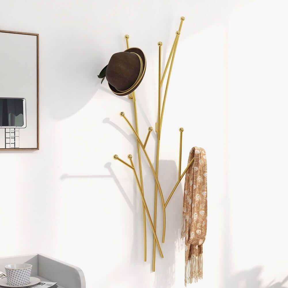 Gold Iron Wall Mounted Coat Rack with 11 Hooks - Modern Design