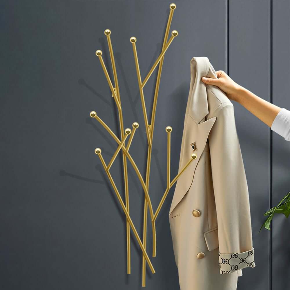 Gold Iron Wall Mounted Coat Rack with 11 Hooks - Modern Design
