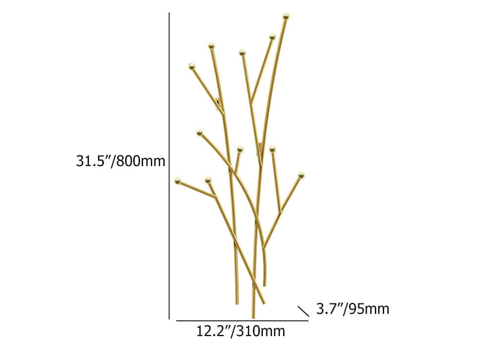 Gold Iron Wall Mounted Coat Rack with 11 Hooks - Modern Design Dimensions