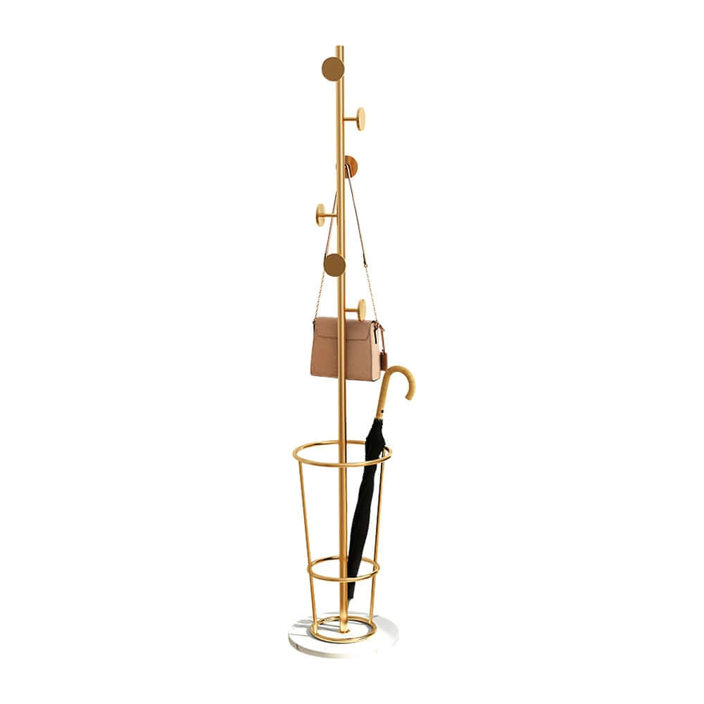 Gold Metal Coat Rack with Faux Marble Base and Umbrella Stand