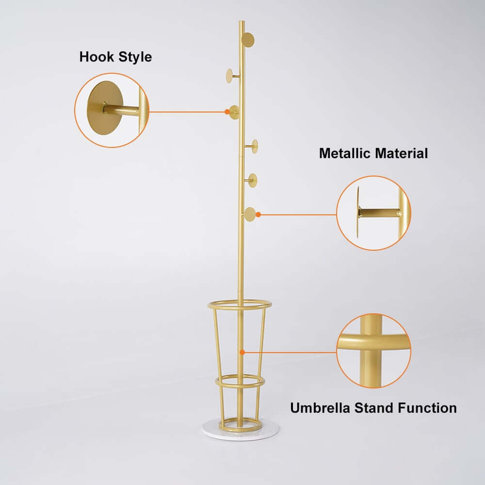 Gold Metal Coat Rack with Faux Marble Base and Umbrella Stand