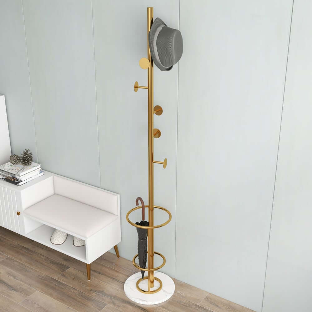 Gold Metal Coat Rack with Faux Marble Base and Umbrella Stand