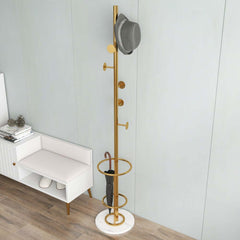 Gold Metal Coat Rack with Faux Marble Base and Umbrella Stand