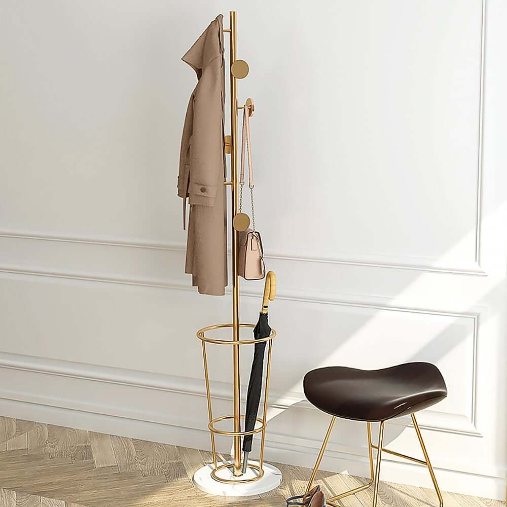 Gold Metal Coat Rack with Faux Marble Base and Umbrella Stand