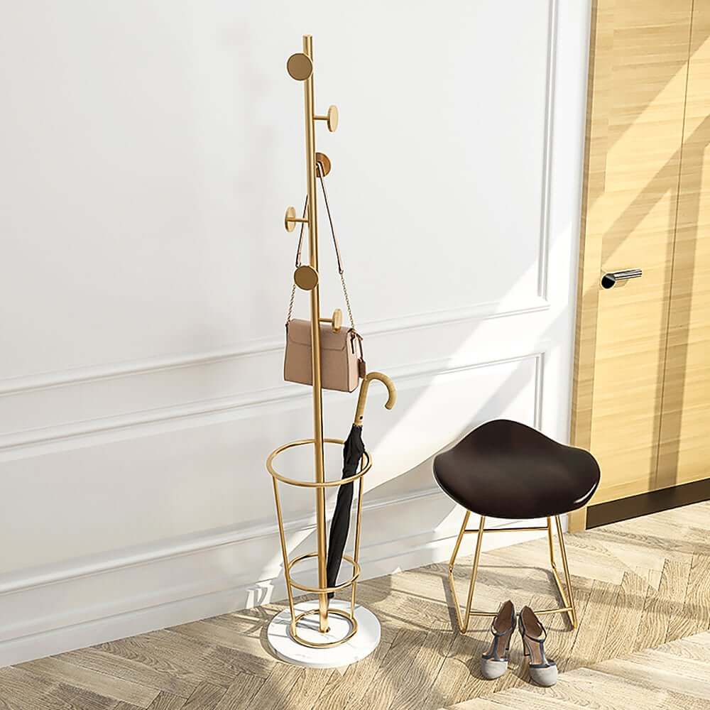 Gold Metal Coat Rack with Faux Marble Base and Umbrella Stand