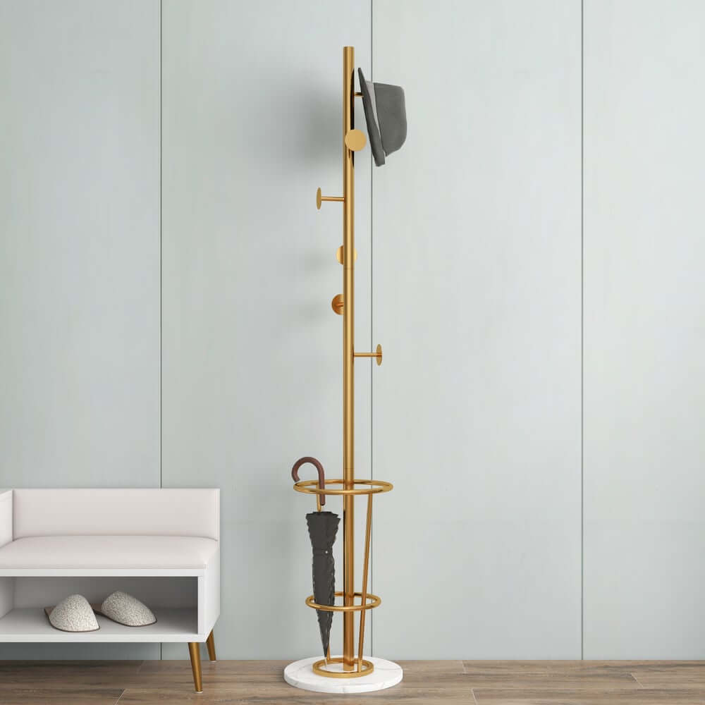 Gold Metal Coat Rack with Faux Marble Base and Umbrella Stand
