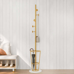 Gold Metal Coat Rack with Faux Marble Base and Umbrella Stand
