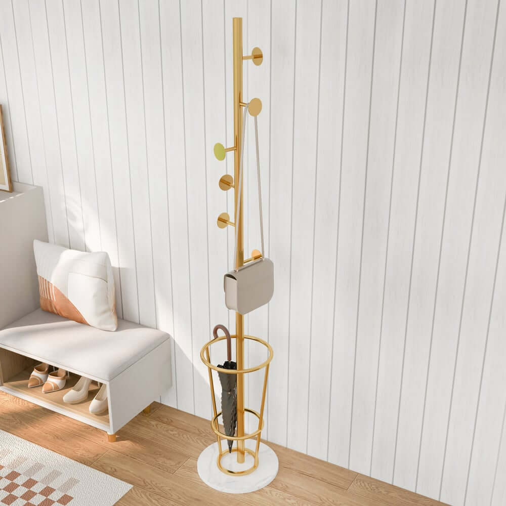 Gold Metal Coat Rack with Faux Marble Base and Umbrella Stand