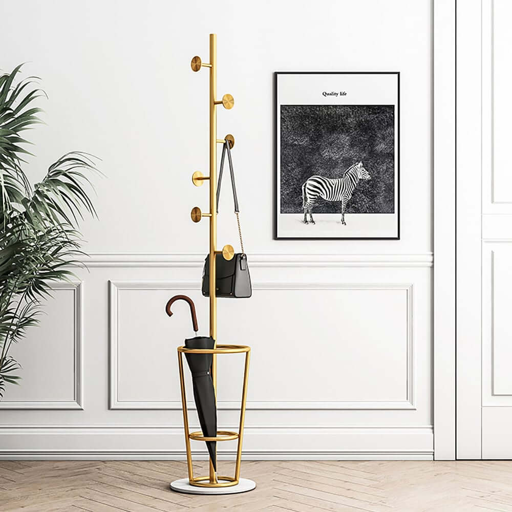 Gold Metal Coat Rack with Faux Marble Base and Umbrella Stand