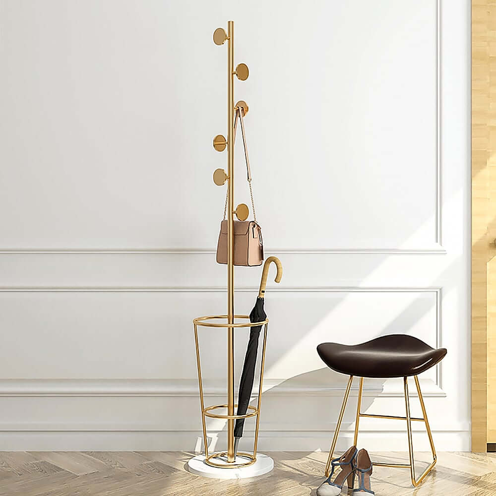 Gold Metal Coat Rack with Faux Marble Base and Umbrella Stand Main Product Image