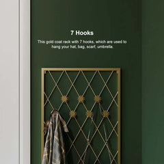 Gold Metal Modern Wall-Mounted Coat Rack with 7 Decorative Hooks