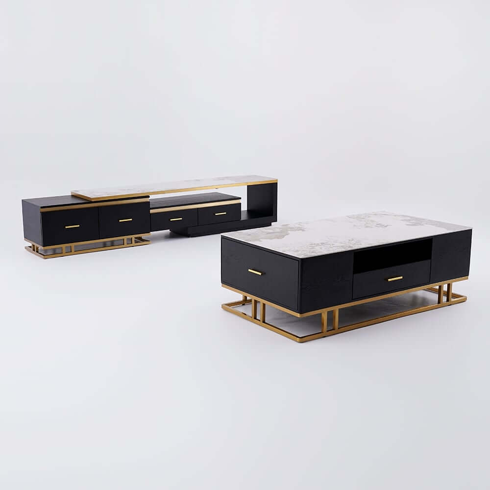 Gold Pedestal Base TV Stand & Coffee Table Set