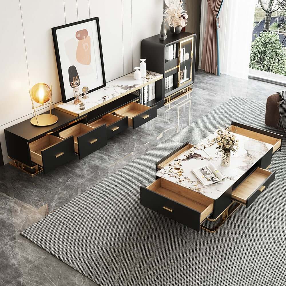 Gold Pedestal Base TV Stand & Coffee Table Set
