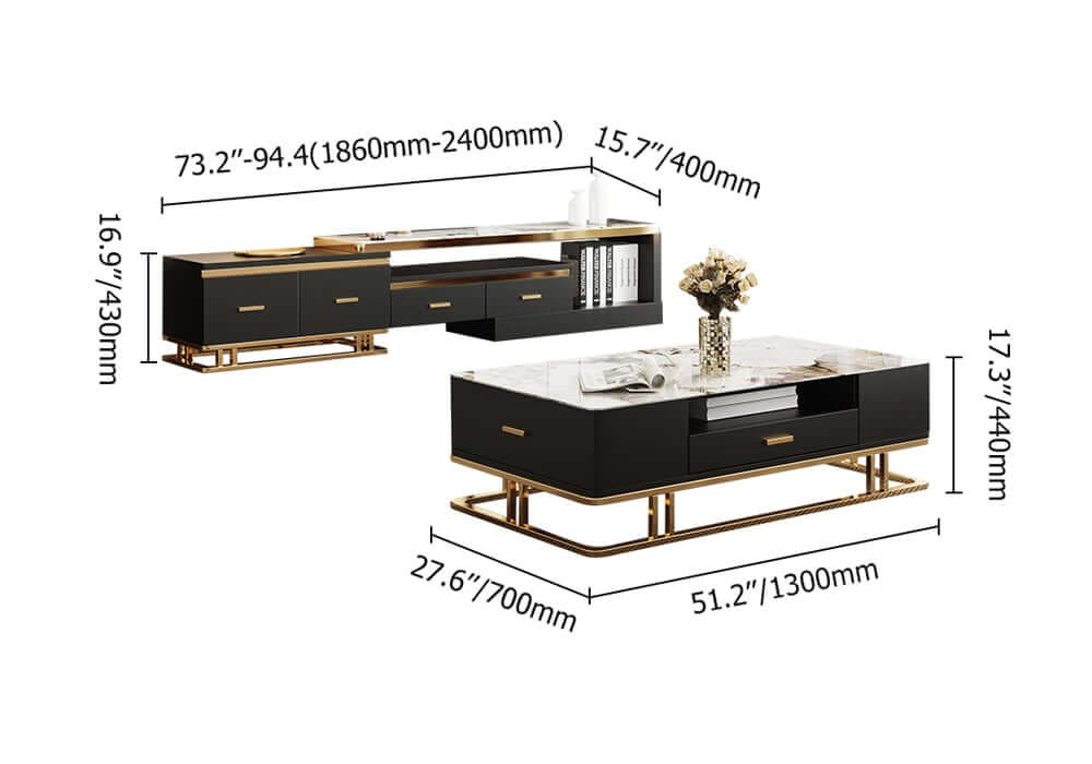Gold Pedestal Base TV Stand & Coffee Table Set Dimensions