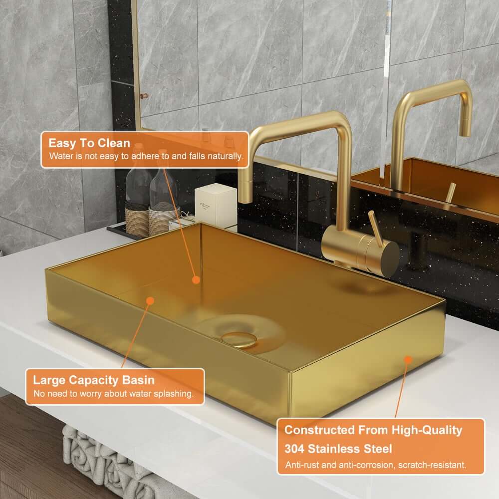Gold Stainless Steel Modern Vessel Sink - Rectangular Design