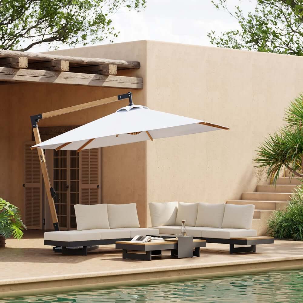 Gray and White Cantilever Patio Umbrella with 360° Rotation